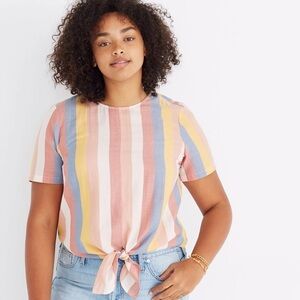 Madewell women’s large top blouse stripe pink white blue yellow short sleeve